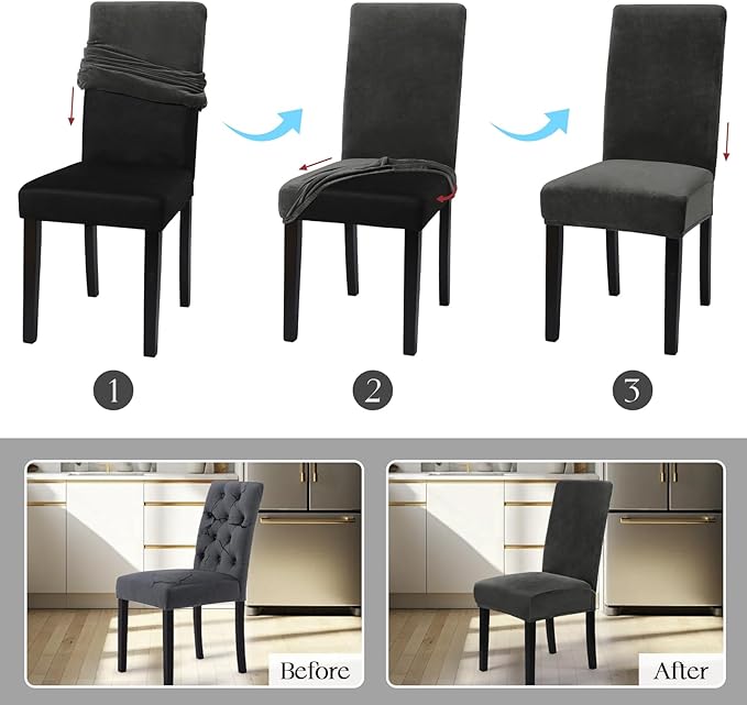 MOSAYT Velvet Stretch Chair Covers for Dining Room Set of 4 - Soft Slipcovers with Thick Removable Fabric for Parsons Chairs, Washable Seat Protectors for Kitchen, Banquet & Home Decor, Dark Grey