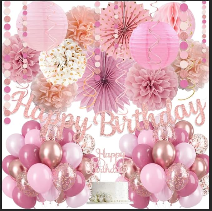 Rose Pink Beige Boho Birthday Party-Decorations - 21pcs Autumn One Two Sweet Peach Happy Banner,Girls Groovy Paper Streamers Lanterns Honeycomb,Tissue Pom Poms Fan