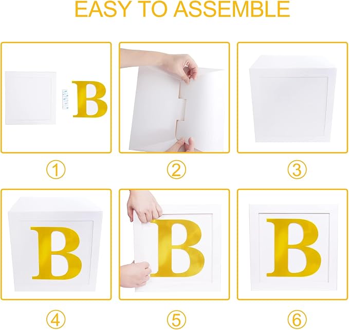 Baby Shower Boxes Party Decorations - 4pcs Stereoscopic White Gold Boxes with Gold Baby+A-Z Letters,Babe Balloon Party Box Blocks for Teddy Bear BabyShower,Boy Girl 1st Birthday Parties Backdrop