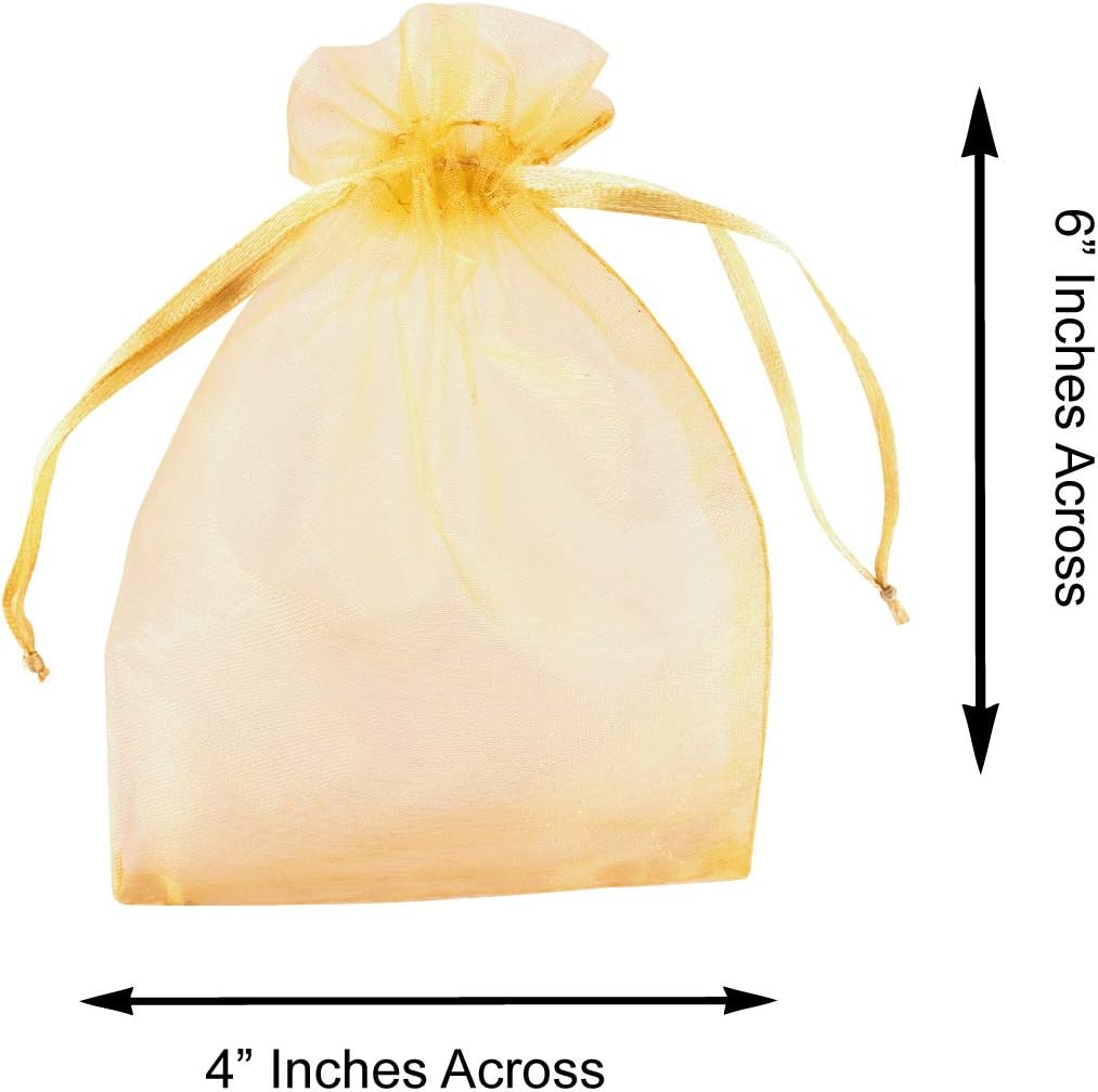 Super Z Outlet 100 Pack 4x6 Inch Mini Sheer Drawstring Organza Transparent Bags Jewelry Sack Pouches for Wedding, Party Decorations, Arts & Crafts Gifts (Gold)