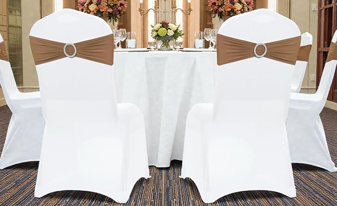 VDS - Mocha | Spandex Chair Sashes Bows | 50 PCS | Stretch Elastic Banquet Universal Folding Chair Band Tie with Silver Buckle Slider for Wedding Party Conference Celebration Event Decoration