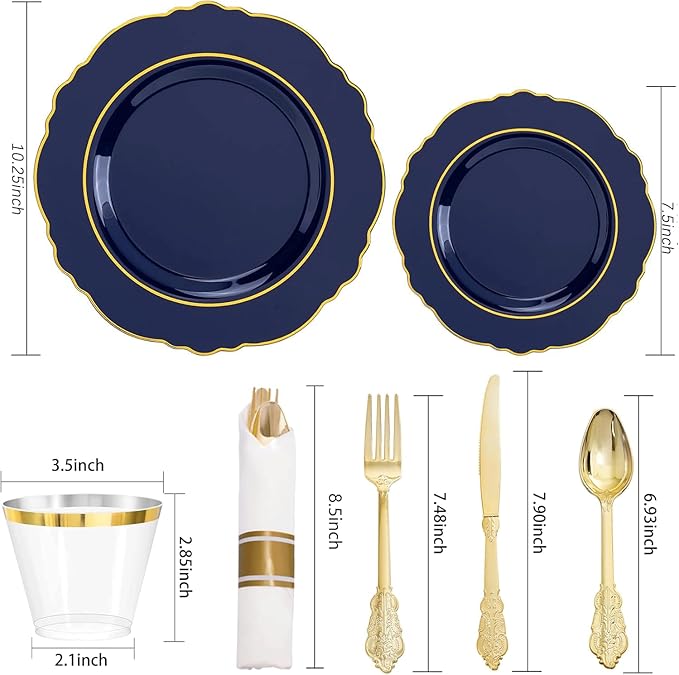 Liacere 350PCS Navy Blue Plastic Plates-Disposable Blue Gold Plates 50guest Plastic Dinnerware include 100Plates,50Pack Pre Rolled Napkins with Silverware 50Cups for Graduation & Memorial Day