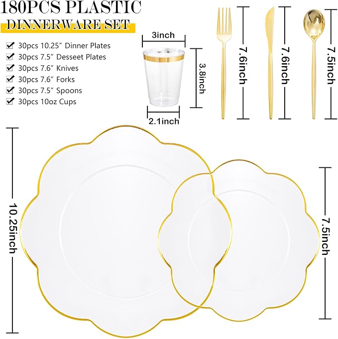 ejonirinjonir EI 180pcs Clear and Gold Plastic Plates with Plastic Silverware,Dinnerware Plate Set for Party,Disposable Plates Heavy Duty Clear Gold Cups for Wedding,Birthday,Spring Afternoon Tea