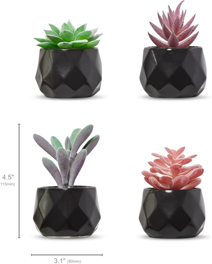 Nordik Set of 4 Desk Plants - Geometric Round Black Pots - Perfect for Bathroom, Bedroom Decor Aesthetic - Ceramic Fake Plant for Office or Living Room Decor - Ideal for Women