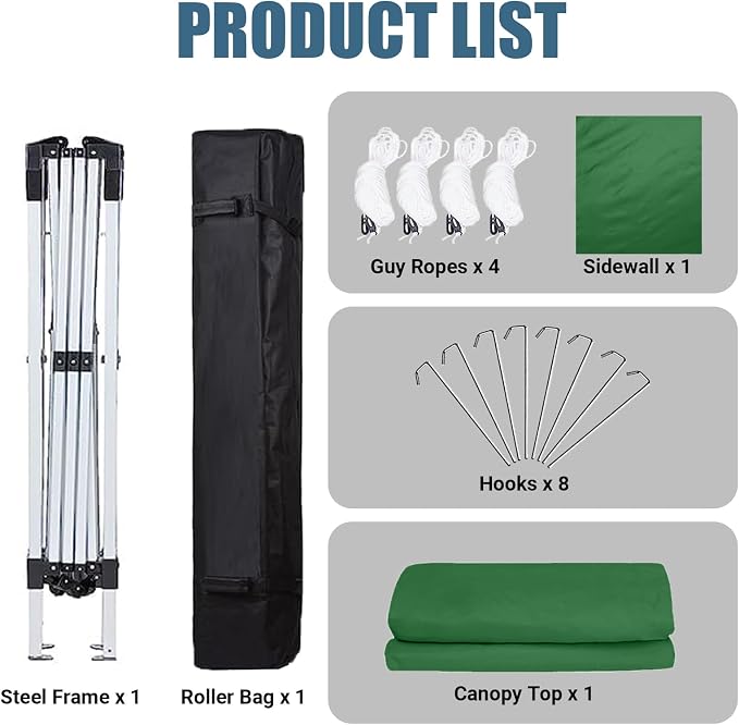 10x10 Pop Up Canopy Tent with One Sidewall, Instant Folding Outdoor Shelter with Air Vent, High Strength Steel Frame and Handheld Carry Bag for Backyard Party, Camping, Green
