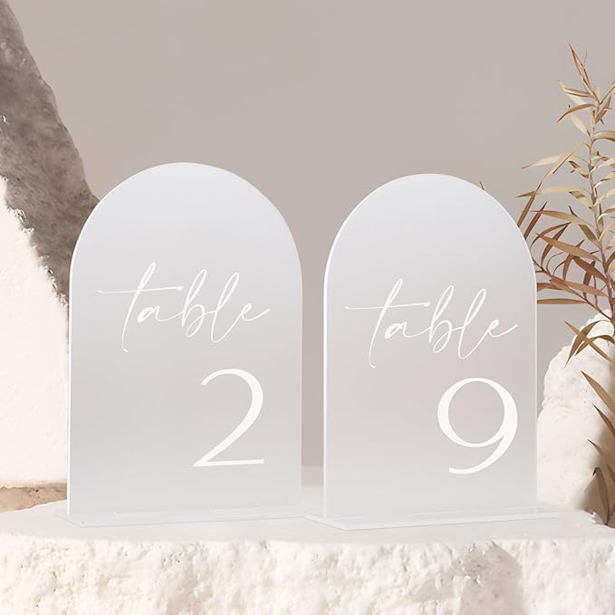 HOODO Frosted Arch Acrylic Table Numbers 1-15 with Stands, 5"x7" Acrylic Arch Signs and Holders, Frosted Table Numbers for Wedding Reception, Party, Anniversary, Event