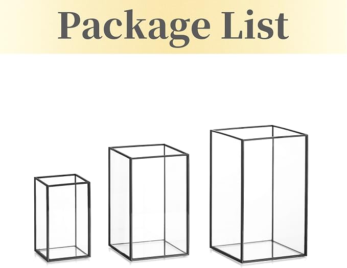 Glass Hurricane Candle Holder Large - Hewory 3pcs Black Rectangle Flower Holders Centerpiece for Table, Tall Floor Square Pillar Candle Lantern for Wedding, Anniversary, Party, Fireplace, Dining Room