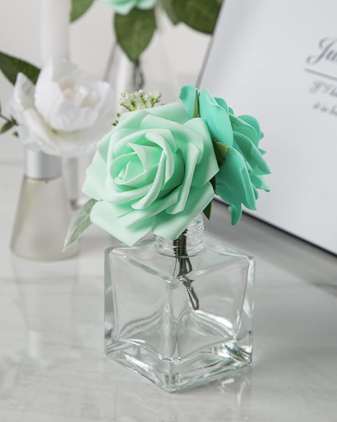 DuHouse 25Pcs Artificial Roses Flowers Fake Roses with Stems Real Touch Foam Flowers for DIY Wedding Bouquet Centerpiece Floral Arrangement Party Home Decor(Mint Green)