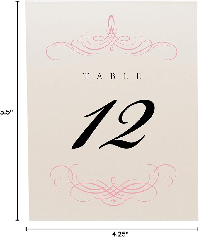 Decadent Flourish Wedding Table Numbers (Select Color/Quantity), Champagne, Pink, 1-150, Double Sided, Tent or Use in a Stand, Great for Parties & Restaurants - Made in the USA