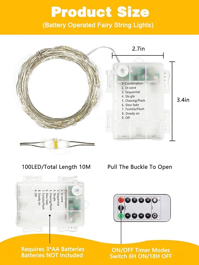 2 Pack 100 LED Fairy Lights Battery Operated with Remote, 8 Modes String Lights Indoor Outdoor, Cuttable Battery Light for Home Bedroom Wedding DIY Centerpiece Christmas Decorations (Warm White)