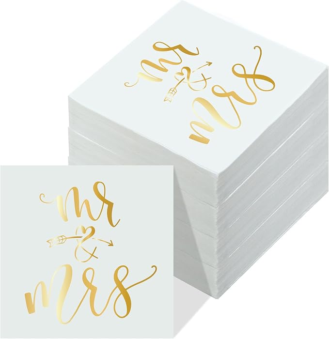 200 Pcs Wedding Napkins Mr and Mrs Napkins for Wedding Reception 3 Ply Gold Foil Disposable Cocktail Beverage Dessert Napkins for Bridal Shower Engagement Party Cake Table Decor(Arrow & Heart)