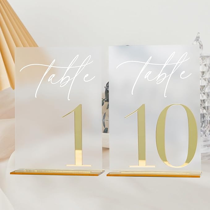 Acrylic Wedding Table Numbers 1-10 with Stands, 5"x7" Frosted Acrylic Place Cards with 3D Gold Mirror Numbers, Frosted and Gold 3D Table Numbers for Wedding Reception, Anniversary, Event