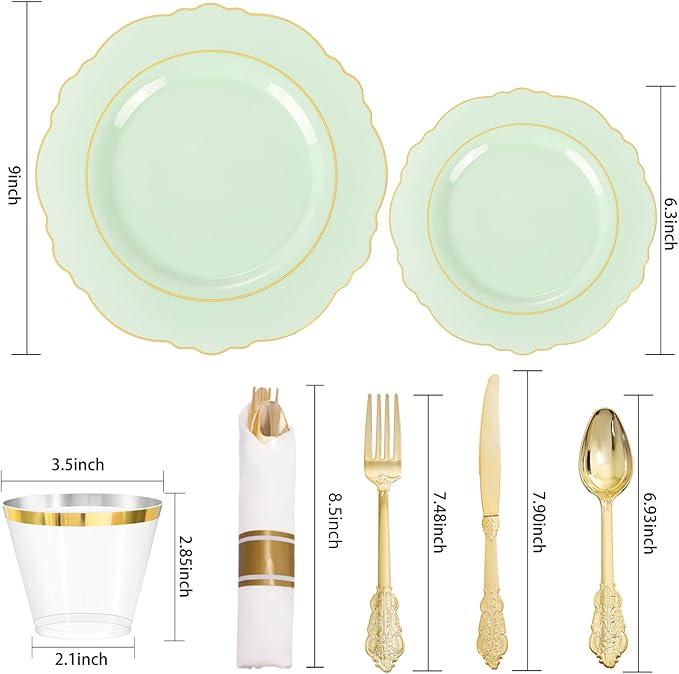 Liacere 175PCS Light Green Plates - Disposable Green and Gold - 25guest Baroque Dinnerware include 50Plates,25Pack Pre Rolled Napkins with Silverware 25Cups for Wedding & Party & Spring