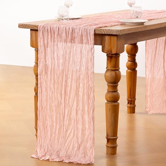 DeZerlor Pink Cheesecloth Table Runner 4 Pack Spring Easter Table Runners Boho Gauze 120 Inches Light Pink Cheese Cloth Table Decor for Wedding Bridal Baby Shower Parties