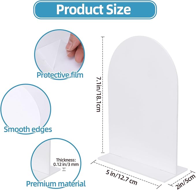 18 Pack Acrylic Wedding Signs 5 x 7 Inch DIY Blank Table Number with Base White Arch Shape Menu Board for Party Anniversary Event Restaurant Cafe Decoration