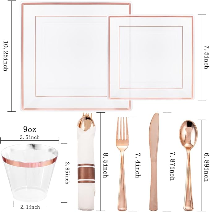 DaYammi 175 PCS Rose Gold Plastic Plates, Rose Gold Plastic Dinnerware Sets Includes: 25 Dinner Plates, 25 Salad Plates, 25 Pre Rolled Napkins with silverware 25 Cups 9 OZ, Perfect for Mother's Day