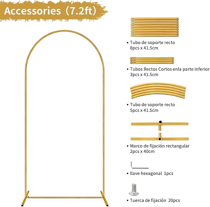 Metal Arch Backdrop Stand Set of 2 (7.2FT & 6FT), Gold Wedding Arch Frame for Ceremony, Stable Balloon Arch Stand for Birthday Party, Baby Shower, Graduation, Backdrop Stand for Events Decoration