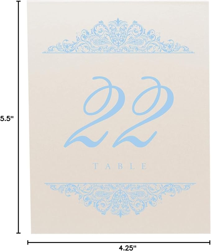 Paisley Wedding Table Numbers (Select Color/Quantity), Champagne, Light Blue, 1-45, Double Sided, Tent or Use in a Stand, Great for Parties & Restaurants - Made in the USA