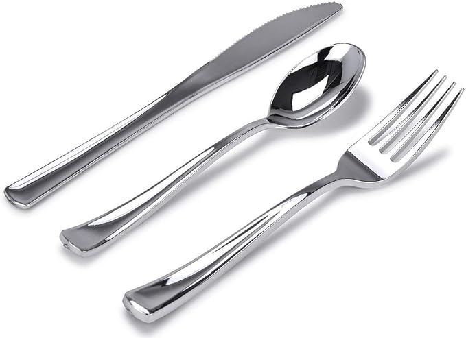 Silver Plastic Silverware Set (600-Pack) – Disposable Heavy Duty Cutlery, 200 Forks, 200 Knives, 200 Spoons for Parties, Weddings, Dinners & Holidays, Stock Your Home