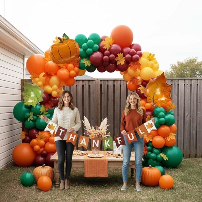 Thanksgiving Party Decorations & with Fall Color Ruby red Burnt orange Yellow Sage Green Balloon Garland Kit & Maple leaf Pumpkin Foil balloons & Banner for Autumn Birthday harvest festival Decor