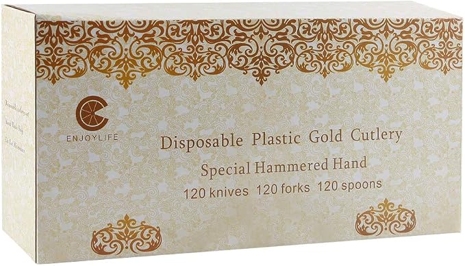 Supernal 360pcs Gold Plastic Silverware Set - Heavy Duty Disposable Cutlery (120 Forks, 120 Spoons, 120 Knives) - Elegant Hammered Finish, Premium Plastic Flatware for Weddings, Parties & Catering
