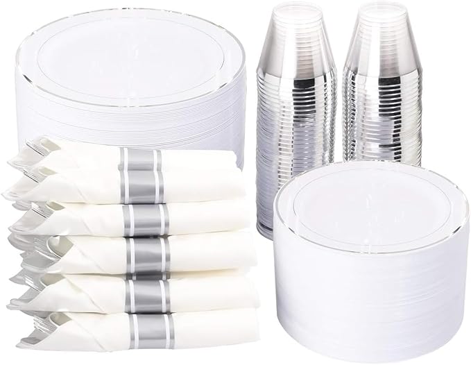TTFM 175 Piece Plastic Dinnerware Set for 25 Guests, Plastic Plates for Party, Includes 25 Dinner Plates, 25 Dessert Plates, 25 Pre Rolled Napkins With Plastic Silverware, and 25 Cups (Silver)