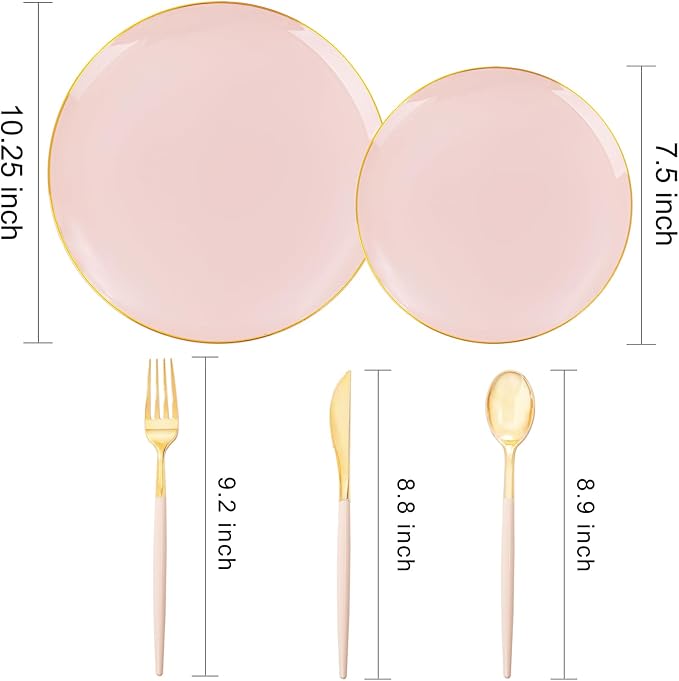 DaYammi 150Pcs Pink Plastic Plates with Gold Rimmed,Heavy Duty Plastic Plates - Pink Disposable Plate Included 30 Dinner plate,30 Dessert plate,30 Knives,30 Forks,30 Spoons for Mother's Day Party