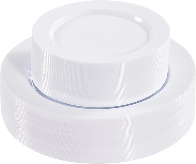 Fijinhom 100PCS White Disposable Plates for 50 Guests Including 50PCS 10" Dinner Plates & 50PCS 7" Dessert Plates, White