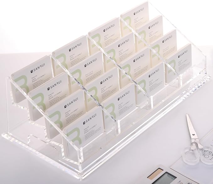 YUXUN Acrylic Business Card Holder for Desk-4 Tiers 16 Slots, Business Card Holder Case, Clear Multiple Cards Display Stand for Office Supplies Home School