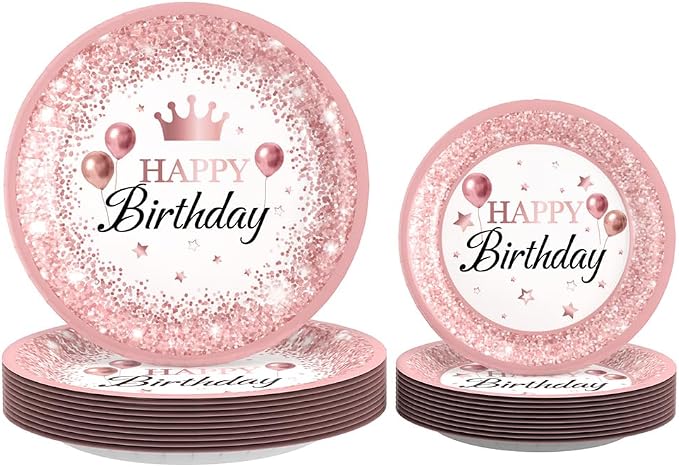 Rose Gold Birthday Party Supplies,212Pcs Disposable Party Decorations Includes Disposable Paper Plates, Napkin, Fork, Knives Spoons Cup, Tablecloth, Banner Balloons Straws for 24 Guests
