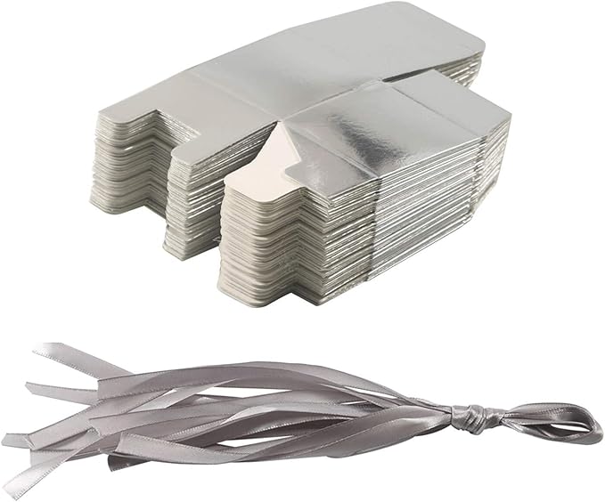 KPOSIYA 70 Pack Favor Boxes 2x2x2 inch Candy Boxes Silver Gift Boxes with Ribbons for Wedding Baby Shower Decorations Birthday Party Supplies