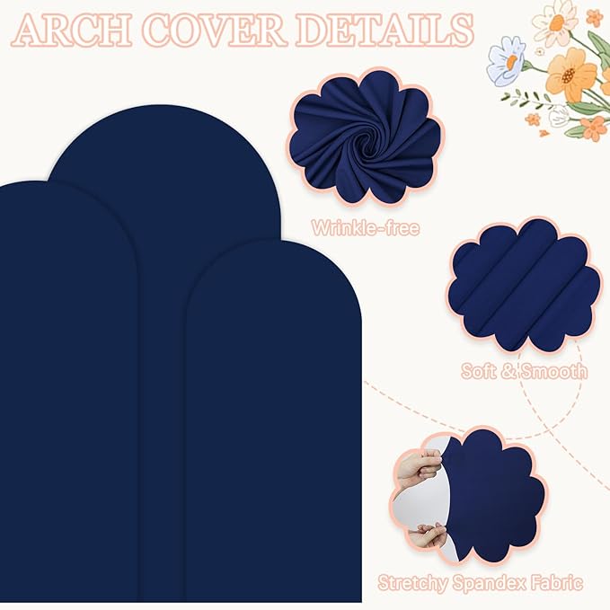Metal Arch Stand and Cover Set of 3 Backdrop Arches Stand with Navy Blue Arch Cover 7.2FT, 6.6FT, 6FT Wedding Arches Backdrop Stand and Covers Set for Birthday Party Bridal Baby Shower Arched Decor