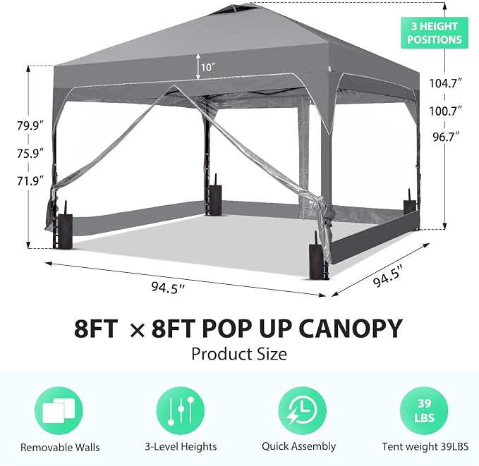 8x8FT Canopy Tent with 4 Clear PVC Sidewalls, 1-Button Push Pop Up | Removable PVC sidewalls, with Sandbags, 3 Adjustable Heights, Waterproof & UV-blocking, Winter Tent