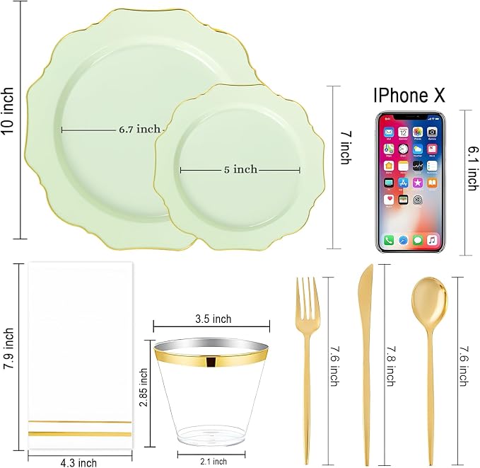 WDF 175Pcs Sage Green Plastic Plates With Gold Rim - Disposable Sage Green Plates 25guest Disposable Dinnerware Ideal for Party/Wedding/Spring Party/First Communion
