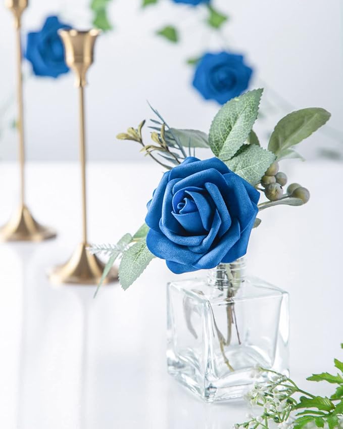DuHouse 25Pcs Artificial Roses Flowers Fake Roses with Stems Real Touch Foam Flowers for DIY Wedding Bouquet Centerpiece Floral Arrangement Party Home Decor(Royal Blue)