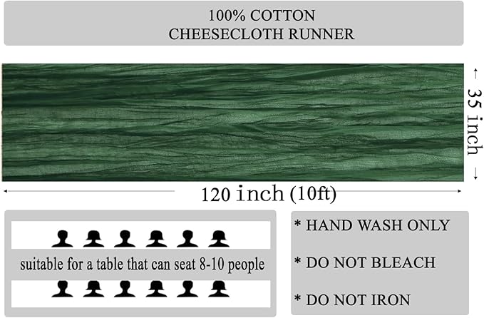 MDS Pack of 6 Cheesecloth Table Runner 35x120 Inch, 10FT Long Gauze Cheese Cloth Table Runner for Wedding Party Birthday Bridal Shower Farmhouse Garden Boho Rustic Table Decoration - Hunter Green