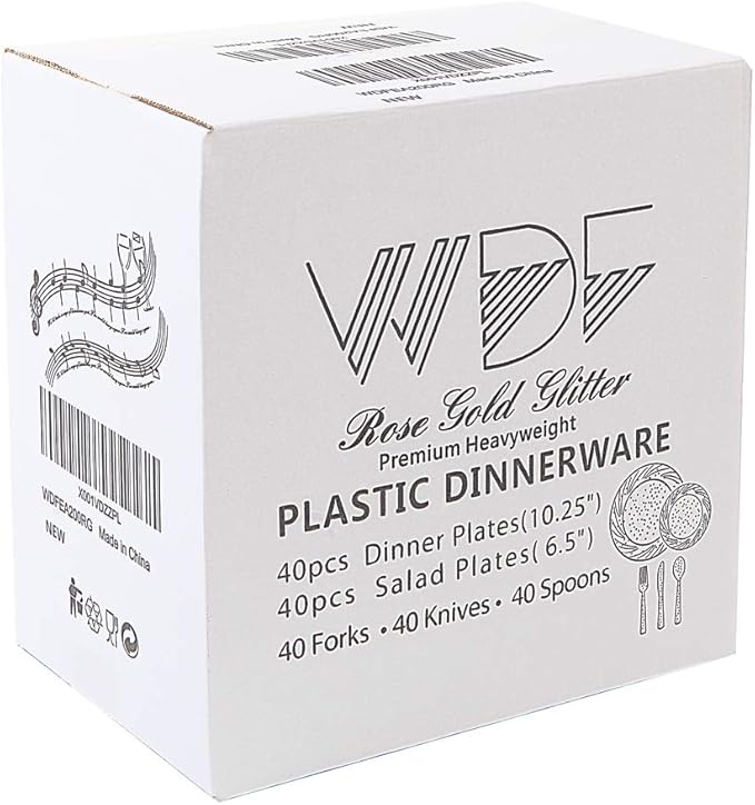 WDF Rose Gold Pink Plastic Plates with Pink Plastic Silverware include 40 Dinner & Salad Plates, 40Forks, 40 Knives, 40 Spoons for Party Baby Shower Wedding Spring Mother's Day