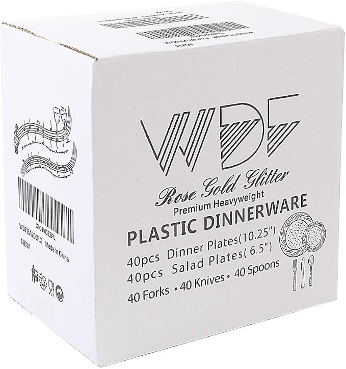 WDF Rose Gold Pink Plastic Plates with Pink Plastic Silverware include 40 Dinner & Salad Plates, 40Forks, 40 Knives, 40 Spoons for Party Baby Shower Wedding Spring
