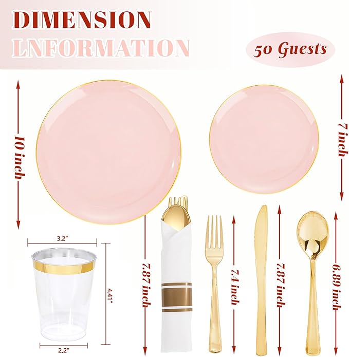 KIRE 350 PCS Pink Plastic Plates - Pink and Gold Disposable Dinnerware 50 Guest Include 50 Dinner Plate - 50Dessert Plate - 50Pre Rolled Napkins with Silverware for Mother's Day/Wedding/Baby Shower