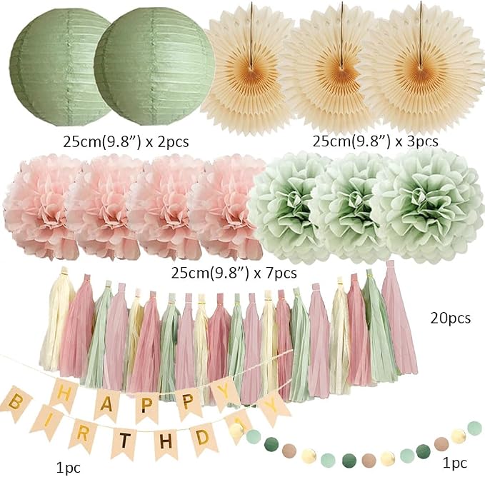 Sage Green Blush Pink Birthday Decorations Boho Pastel Sage Green and Dusty Pink Birthday Decorations for Women Girls Beige Fans with Light Pink Cream Dusty Rose Tassel Garlands Banner Beige and Gold