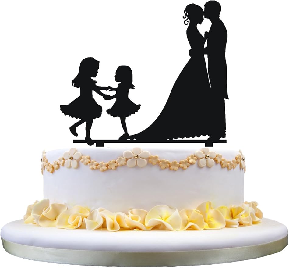 Bride and Groom wedding cake topper,silhouette with two girls