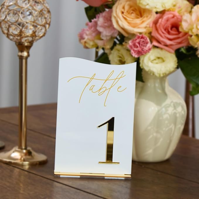 Gold Mirrored Acrylic Wedding Table Numbers 1-20 Set, Self-Standing Modern Arched Signs for Reception Seating, Anniversary & Bridal Shower, Elegant Wedding Decor (5x7 Inches)