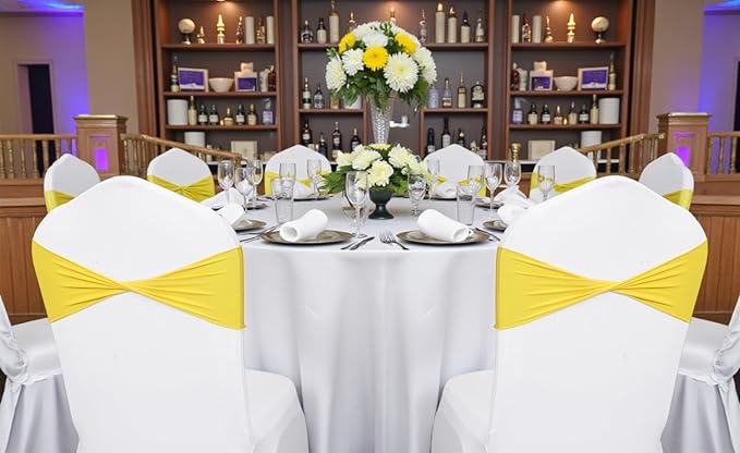 MDS Pack of 200 Spandex Chair Sashes Bows Elastic Stretch Dining Chair Bands Ties Without Slider Buckle Universal fits for Wedding Baby Shower Birthday Party Banquet Event Decoration - Yellow