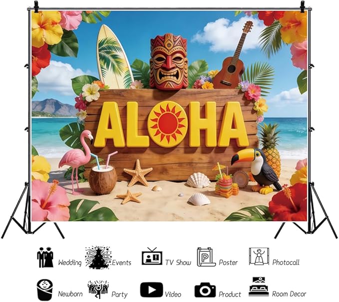 10x10ft Hawaiian Aloha Backdrop Tropical Beach Photo Backdrop Tiki Mask Flowers Summer Backdrops for Photography for Luau Party Tropical Wedding Birthday Decorations Photo Booth Props