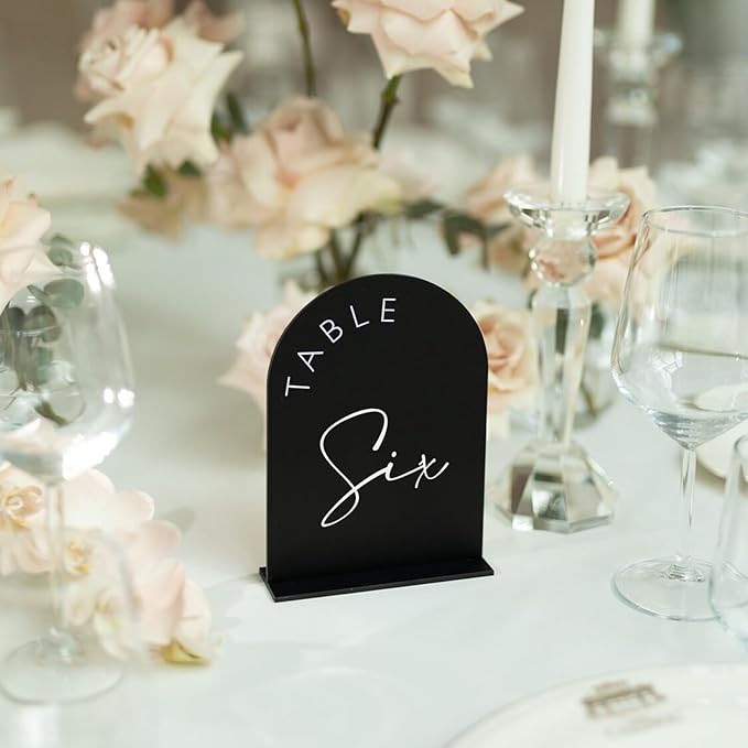 Black Arch Wedding Table Numbers with Stands 1-15, 5x7 Inch Black Acrylic Arch Sign with Holder, Arched Acrylic Table Numbers for Wedding Reception (1-15, 5"x7")