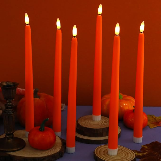 Macarrie 24 Packs Flameless Taper Candles Battery Operated Fake 11 Inch Long Candlelight LED Flameless Candlesticks Flickering Tapered for Summer Fall Wedding(Orange)