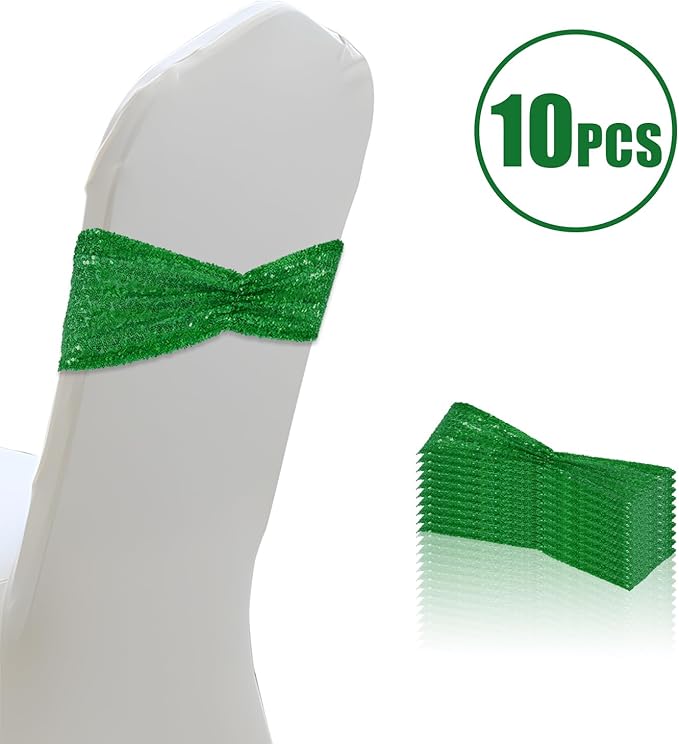 Eternal Beauty Set of 10 Green Chair Sash Band Bows Sequin Chair Sashes for Wedding Cover Decorations