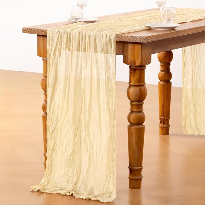 DeZerlor Beige Cheesecloth Table Runner 12 Pack Spring Easter Table Runners 120 Inches Boho Gauze Cream Cheese Cloth Table Decor for Wedding Bridal Baby Shower Parties