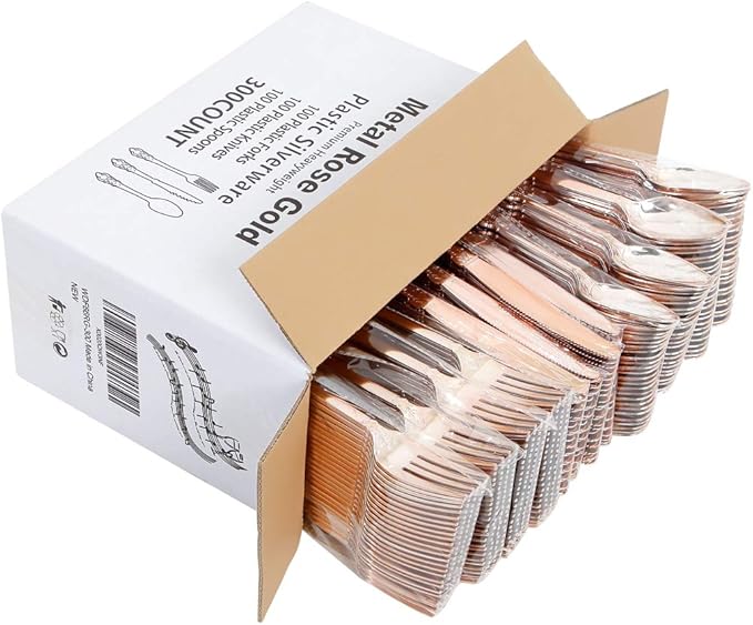 WDF-300 Pieces Rose Gold Plastic Silverware- Disposable Flatware -Heavyweight Plastic Cutlery- Includes 100 Forks, 100 Spoons, 100 Knives for Wedding/Parties/Mother's Day