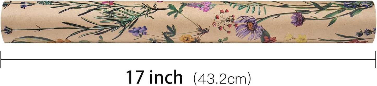 RUSPEPA Wildflower Floral Wrapping Paper Roll for Women, 17 Inches x 9.8 Feet, Mini Roll, Herbal Kraft Wrapping Paper for Christian Gifts, Birthdays, Weddings, Bridal Shower and Engagement